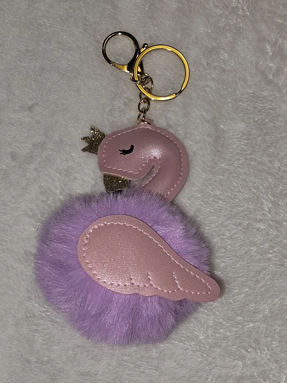 Pink Flamingo Pom Bag Charm  Keychain with Gold Crown